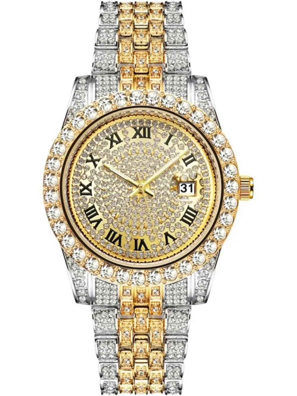 Mens Silver Gold Analog Crystal Rhinestone Diamond Iced-Out Bracelet Wrist Watch